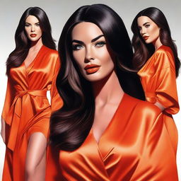 A realistic portrait of Megan Fox wearing a hot orange robe