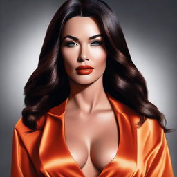 A realistic portrait of Megan Fox wearing a hot orange robe