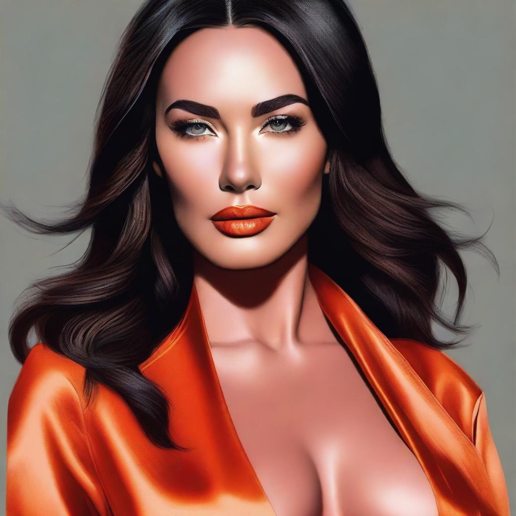 A realistic portrait of Megan Fox wearing a hot orange robe