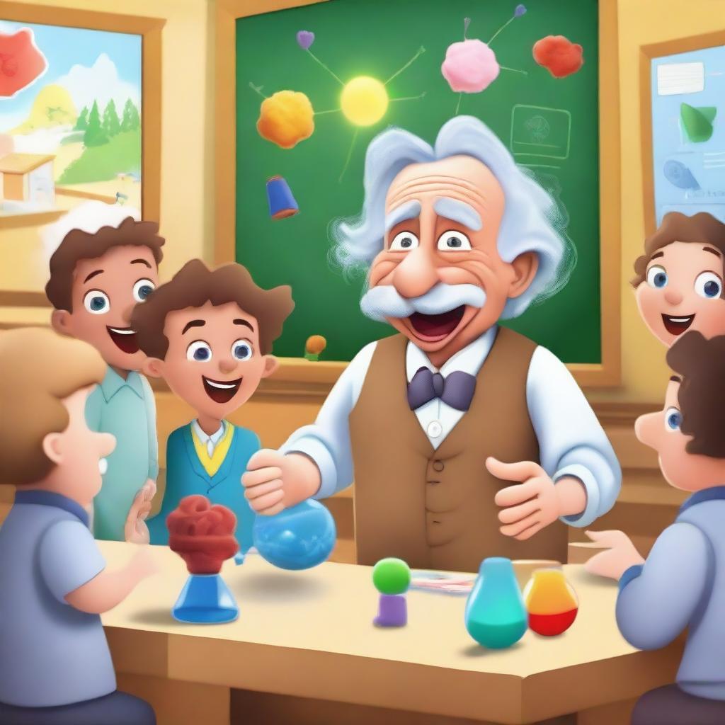 A fun and engaging scene featuring Albert Einstein teaching a group of children about science