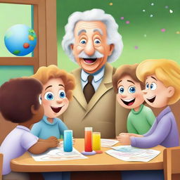 A fun and engaging scene featuring Albert Einstein teaching a group of children about science