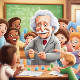 A fun and engaging scene featuring Albert Einstein teaching a group of children about science