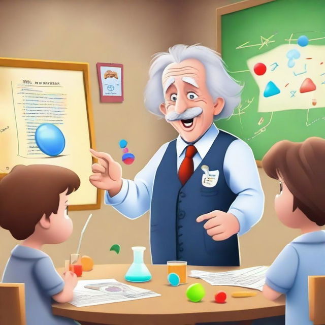 A fun and engaging scene featuring Albert Einstein teaching a group of children about science