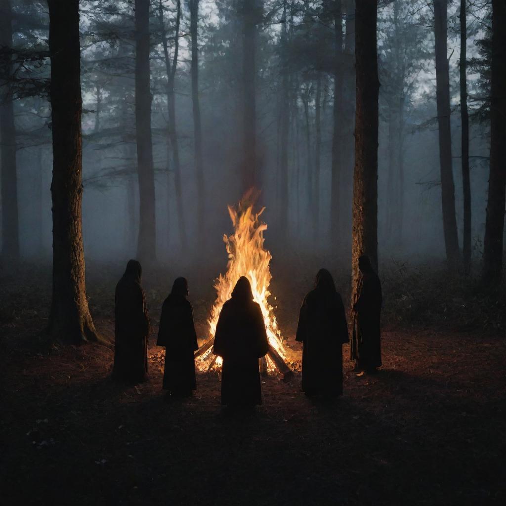 Four shadowy figures circled around a bonfire in a forest setting, engaged in a mysterious and atmospheric ritual.