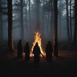 Four shadowy figures circled around a bonfire in a forest setting, engaged in a mysterious and atmospheric ritual.