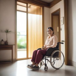 A cute Indonesian woman sitting in a wheelchair inside a very simple house