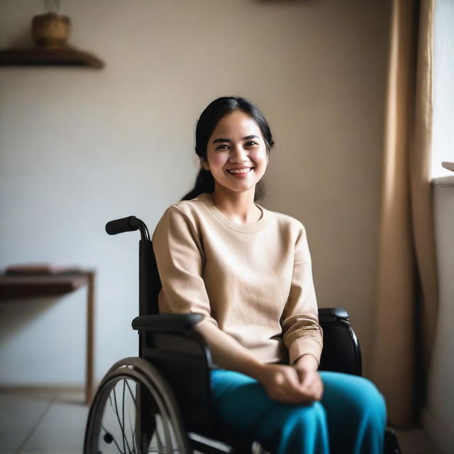 A cute Indonesian woman sitting in a wheelchair inside a very simple house