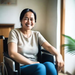 A cute Indonesian woman sitting in a wheelchair inside a very simple house