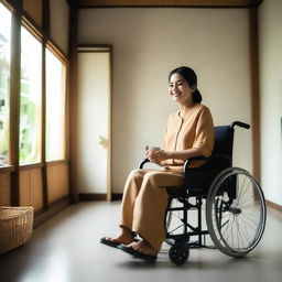 A cute Indonesian woman sitting in a wheelchair inside a very simple house