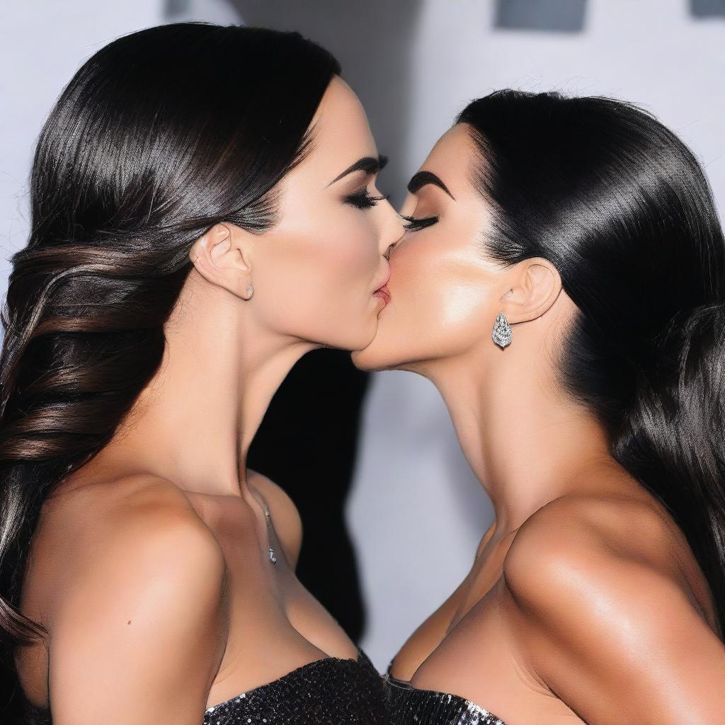 Create an image of Megan Fox and Kim Kardashian sharing a kiss