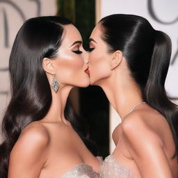 Create an image of Megan Fox and Kim Kardashian sharing a kiss