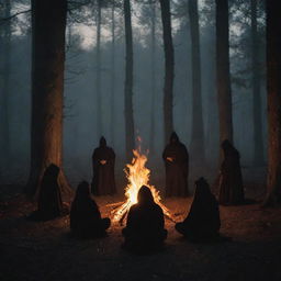 Four shadowy figures circled around a bonfire in a forest setting, engaged in a mysterious and atmospheric ritual.