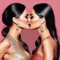 Create an image of Megan Fox and Katrina Kaif sharing a kiss