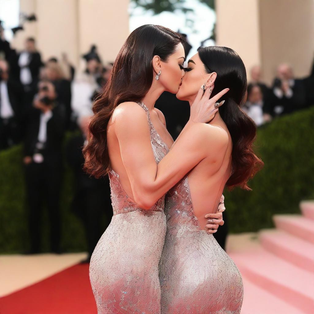 Create an image of Megan Fox and Rania Yousif sharing a kiss