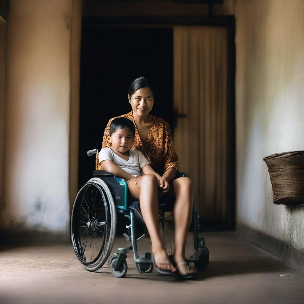 A beautiful Indonesian woman sitting in a wheelchair with her young son in a very simple house