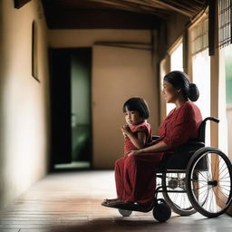 A beautiful Indonesian woman sitting in a wheelchair with her young son in a very simple house