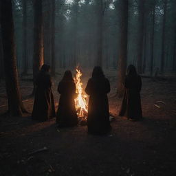 Four shadowy figures circled around a bonfire in a forest setting, engaged in a mysterious and atmospheric ritual.