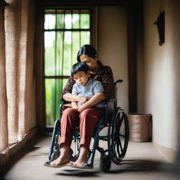 A beautiful Indonesian woman sitting in a wheelchair with her young son in a very simple house