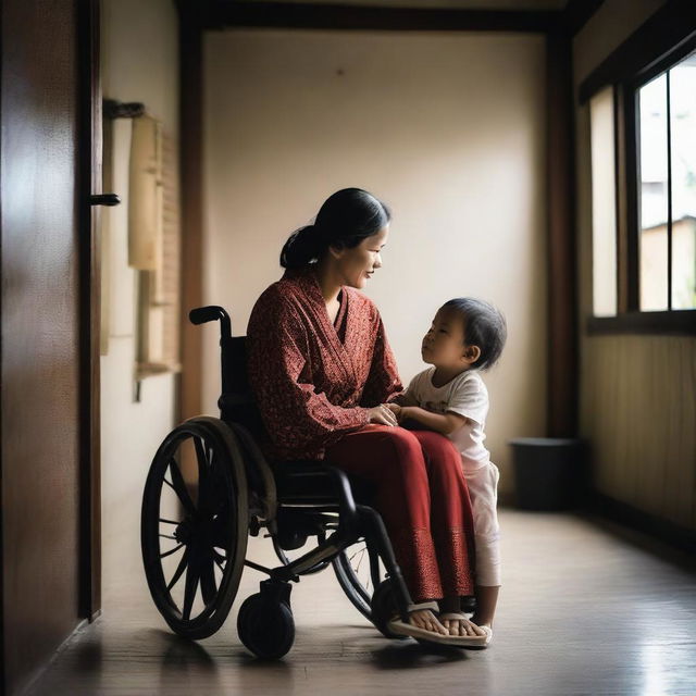 A beautiful Indonesian woman sitting in a wheelchair with her young son in a very simple house