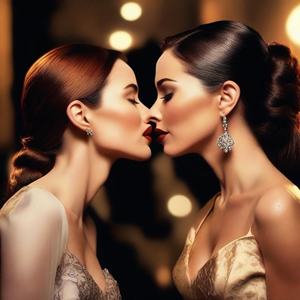 Megan Fox and Scarlett Johansson sharing a passionate kiss in a romantic setting