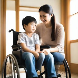 A beautiful Asian woman sitting in a wheelchair with her young son in a very simple house