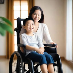 A beautiful Asian woman sitting in a wheelchair with her young son in a very simple house