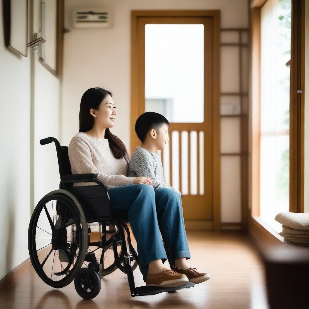 A beautiful Asian woman sitting in a wheelchair with her young son in a very simple house