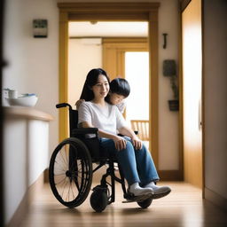 A beautiful Asian woman sitting in a wheelchair with her young son in a very simple house