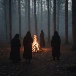 Four shadowy figures circled around a bonfire in a forest setting, engaged in a mysterious and atmospheric ritual.