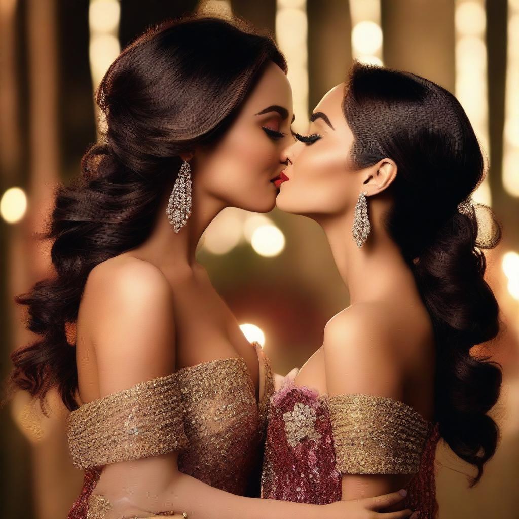 Megan Fox and Helly Shah sharing a passionate kiss in a romantic setting