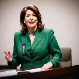 Create an image of Maureen Callahan wearing a deep green suit, speaking passionately in front of a microphone