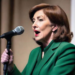 Create an image of Maureen Callahan wearing a deep green suit, speaking passionately in front of a microphone