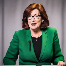 Create an image of Maureen Callahan wearing a deep green suit, speaking passionately in front of a microphone