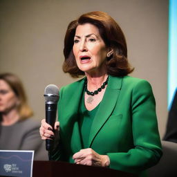 Create an image of Maureen Callahan wearing a deep green suit, speaking passionately in front of a microphone