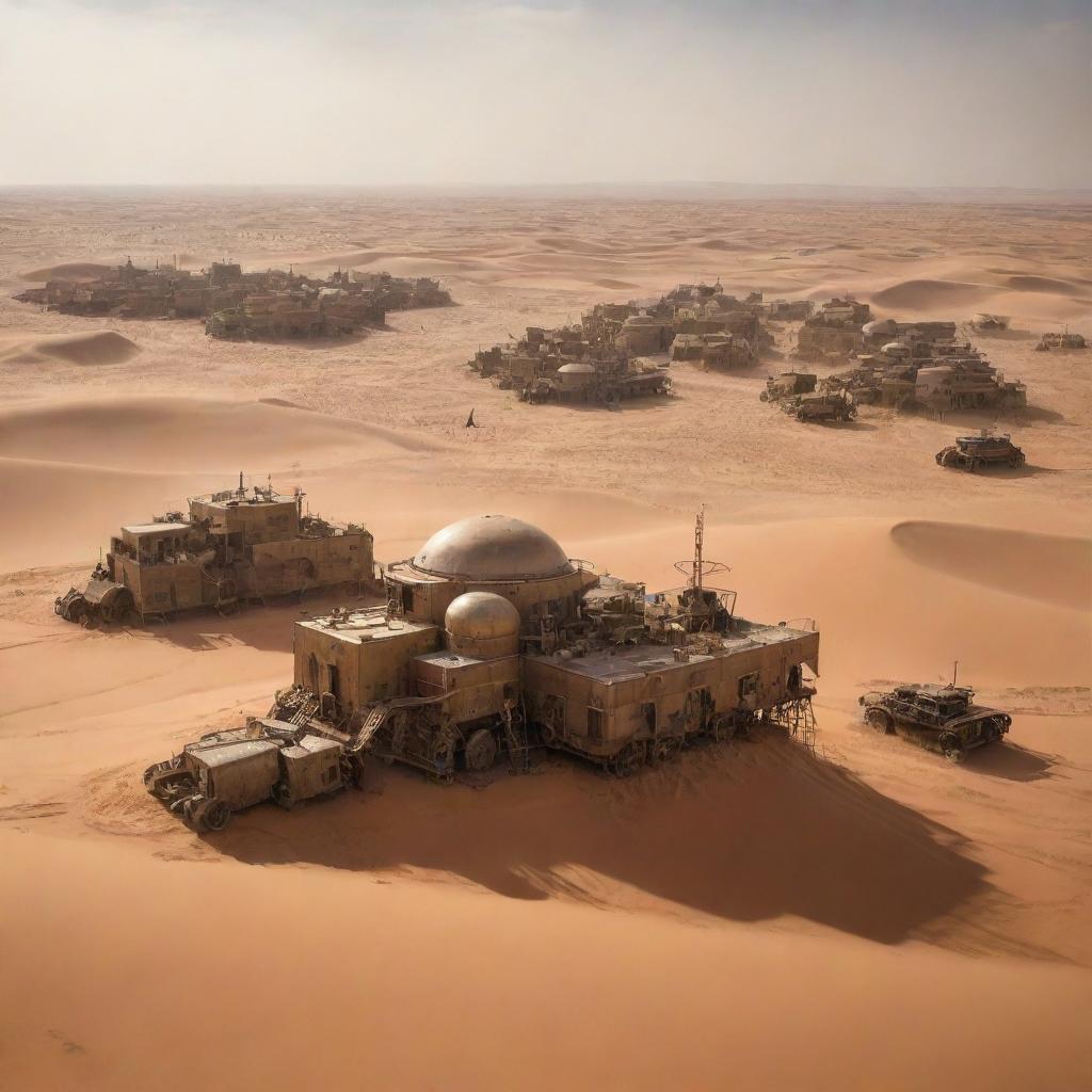 A depiction of the Sahrawi Arab Democratic Republic given a steampunk treatment, revealing arid landscapes dotted with mobile steam-work settlements, and vast sand dunes cradled by complex fortress-like machinery.