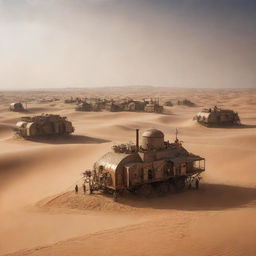 A depiction of the Sahrawi Arab Democratic Republic given a steampunk treatment, revealing arid landscapes dotted with mobile steam-work settlements, and vast sand dunes cradled by complex fortress-like machinery.