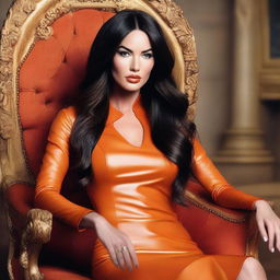 Megan Fox wearing a hot orange leather dress, sitting on a throne