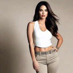 Megan Fox in a stylish outfit, standing confidently and touching her hip