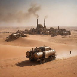 A depiction of the Sahrawi Arab Democratic Republic given a steampunk treatment, revealing arid landscapes dotted with mobile steam-work settlements, and vast sand dunes cradled by complex fortress-like machinery.