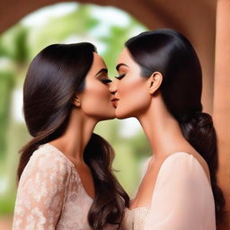 Megan Fox and Nia Sharma sharing a tender kiss in a romantic setting