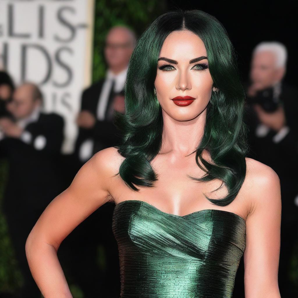 Megan Fox with vibrant green hair, wearing a stylish and sexy mini dress