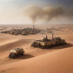 A depiction of the Sahrawi Arab Democratic Republic given a steampunk treatment, revealing arid landscapes dotted with mobile steam-work settlements, and vast sand dunes cradled by complex fortress-like machinery.