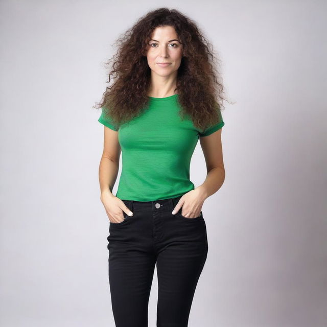 A 45-year-old European woman with long brown curly hair, wearing black jeans, a green t-shirt, and white socks