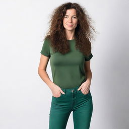 A 45-year-old European woman with long brown curly hair, wearing black jeans, a green t-shirt, and white socks