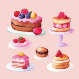 A beautiful display of delicious desserts including cakes, pastries, and cookies, all illustrated in a soft watercolor painting style