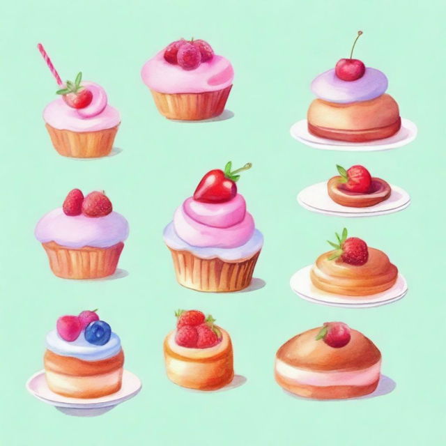 A beautiful display of delicious desserts including cakes, pastries, and cookies, all illustrated in a soft watercolor painting style