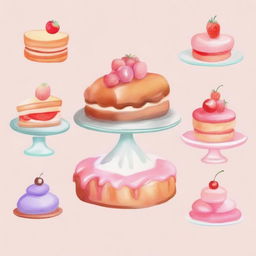 A beautiful display of delicious desserts including cakes, pastries, and cookies, all illustrated in a soft watercolor painting style