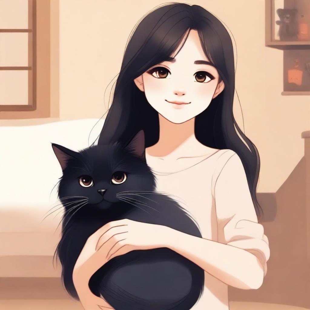 An animated picture of a young girl with long flowing hair, holding a black Persian cat in her hands