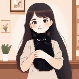 An animated picture of a young girl with long flowing hair, holding a black Persian cat in her hands