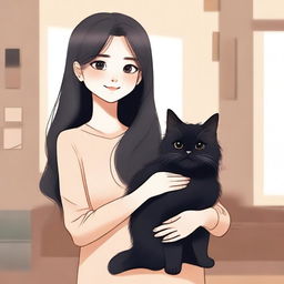 An animated picture of a young girl with long flowing hair, holding a black Persian cat in her hands